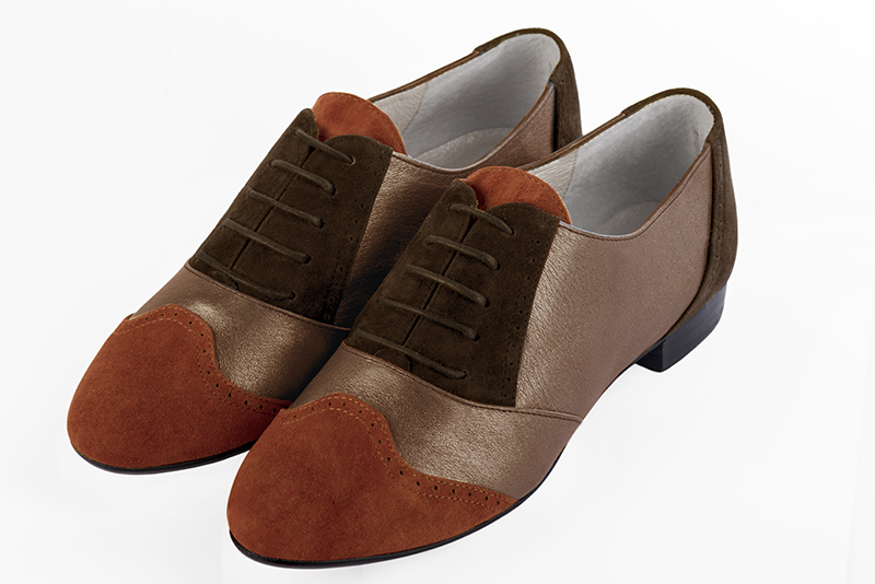 Terracotta orange, bronze gold and dark brown women's fashion lace-up shoes. Round toe. Flat leather soles. Front view - Florence KOOIJMAN